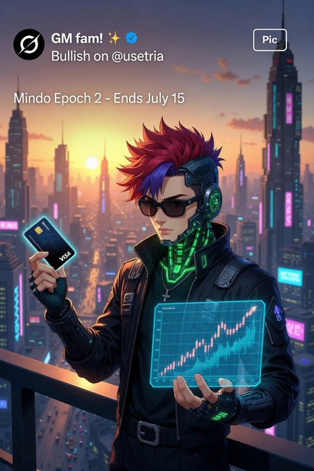 The image features a man with red hair wearing sunglasses holding a credit card, standing next to a city skyline at sunset. The caption reads "GM fam! Waking up bullish on @useTria, the self-custodial neobank that'S making crypto actually usable. Visa cards, real yield, seamless spends, and full control of your keys". The post is about Bitcoin and cryptocurrency, with a focus on Bitcoin mining and its use in everyday life.