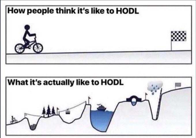 A two-panel meme about cryptocurrency HODLing: the top panel shows 'How people think it's like to HODL' with someone riding a bike smoothly toward a flag, while the bottom shows 'What it's actually like to HODL' with a bumpy, treacherous mountain course.