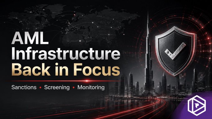 A promotional graphic titled 'AML Infrastructure Back in Focus' featuring the subtext 'Sanctions • Screening • Monitoring' alongside a shield icon and a dark city skyline.
