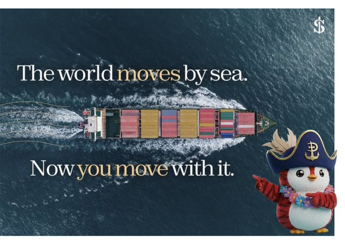 An advertisement with the text 'The world moves by sea. Now you move with it.' showing an aerial view of a colorful container ship and a penguin mascot wearing a pirate hat and Hawaiian lei.