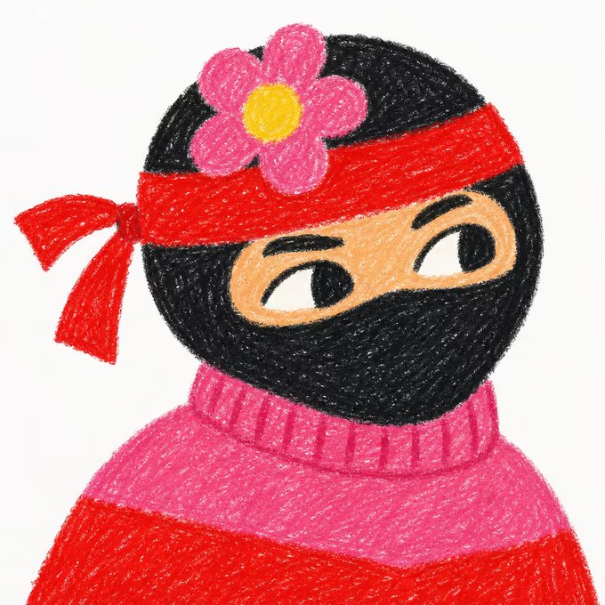 A colorful illustrated drawing of a ninja character wearing a black mask, a red headband with a pink flower, and a pink and red sweater.