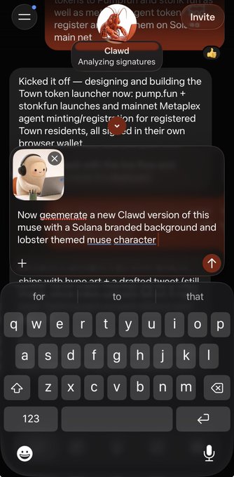 A mobile chat interface showing a Clawd AI assistant analyzing signatures and discussing token launches, mentioning Town token, pump.fun, stonkfun, Metaplex, and a Solana branded lobster themed muse character.