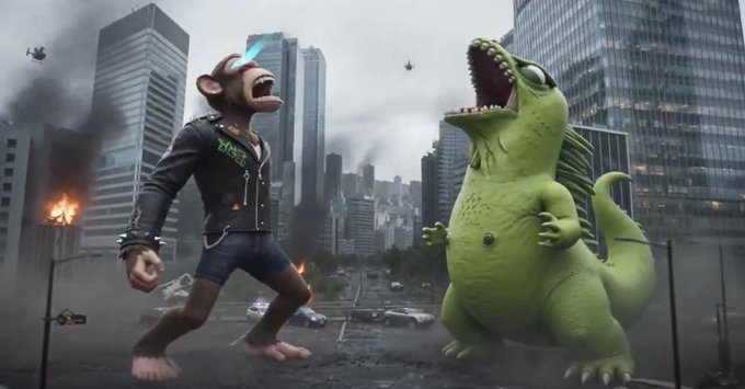 A chaotic city scene features a 3D-rendered monkey character with blue-streaked hair wearing a 'DUST' shirt, screaming while facing off against a large, roaring green alligator-like creature amidst ruined buildings and smoke.