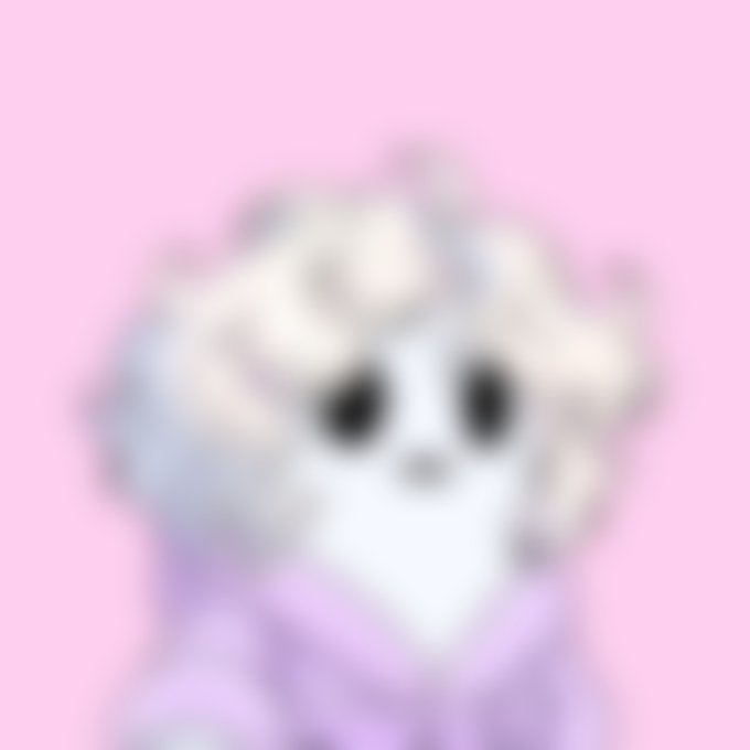 A blurry, low-resolution image of a cute cartoon character with large eyes and curly white hair against a pink background.