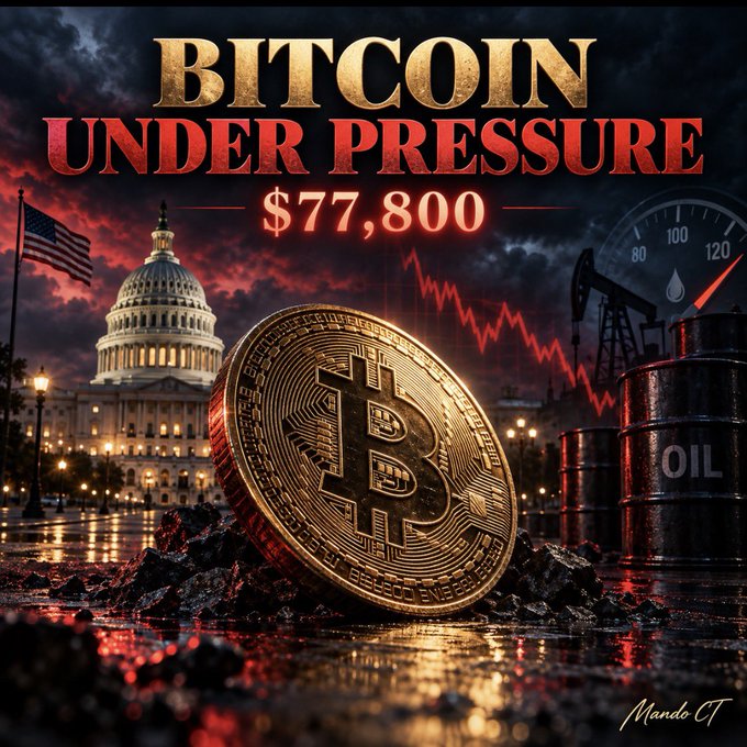 A dramatic graphic titled 'BITCOIN UNDER PRESSURE $77,800' by Mando CT, showing a Bitcoin coin against the US Capitol building with American flag, oil barrels, and a downward red price chart.