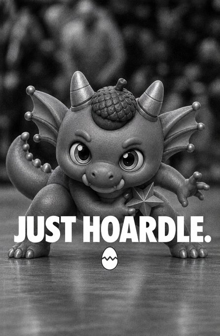 Black and white meme image of a devilish character with the text 'JUST HOARDLE.' and an egg icon below it.