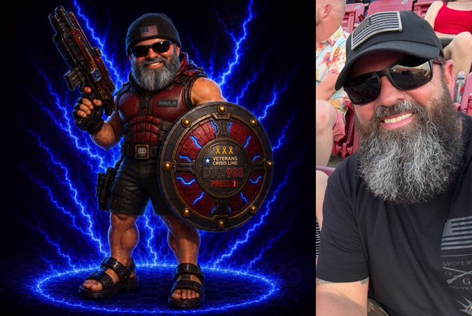 A side-by-side image comparing an AI-generated illustration of a bearded man with an American flag cap holding a weapon and shield (labeled 'XXX') to a real photograph of the same man smiling at what appears to be a sporting event.