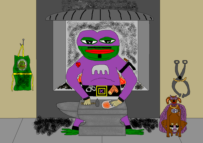 A digital drawing of a purple and green turtle-like mutant character working at a forge with an anvil, alongside a hanging green apron and a purple dog creature.