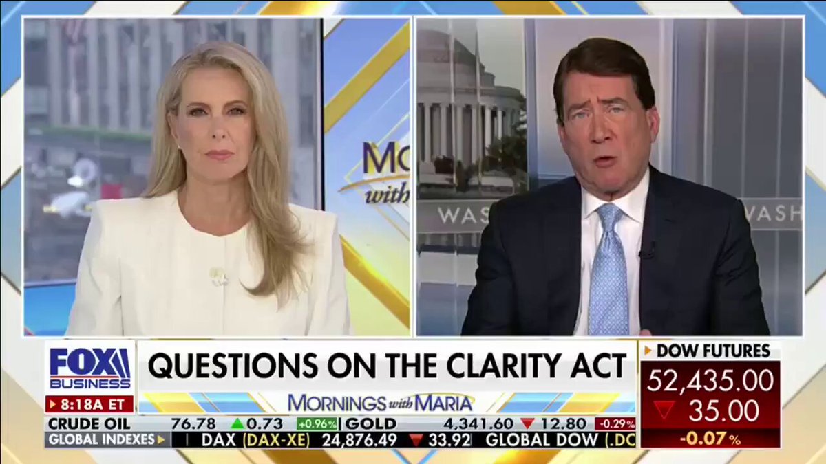 The image shows a news segment featuring two people, one man and one woman, discussing questions related to the clarity act. The man appears to be a political commentator or reporter, while the woman seems to be an expert or authority on the topic being discussed. They are both wearing suits, which indicates that they might be professionals in their field. The image also includes text about the Fox Business channel and the Global Dow Futures index, suggesting that this segment is part of a larger news program or broadcast.