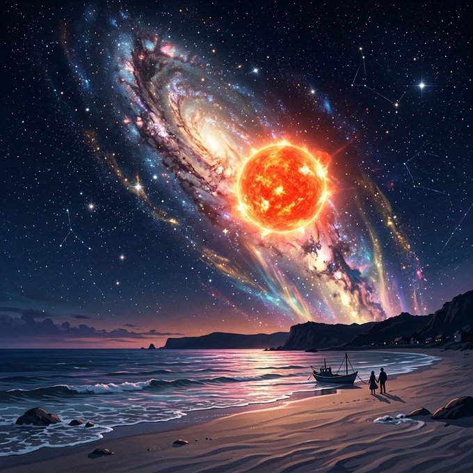 A vibrant anime-style digital illustration of a cosmic scene with a glowing red sun, swirling galaxy, starry sky, and two silhouetted figures standing on a beach next to a small boat.