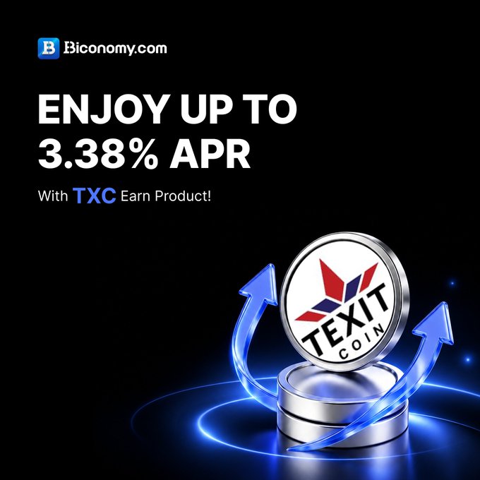 Biconomy.com promotional advertisement featuring a TEXIT Coin stack with blue arrows, offering up to 3.38% APR with the TXC Earn Product.