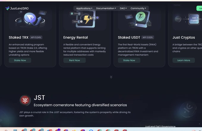 The image presents an interface of the Bitcoin trading platform, TRON DeFi, displayed across a computer screen. It showcases the TRON DeFi beta app with multiple options available for investment and transactions. The app offers various features like documentation, community, energy rental, and stakeTXM, among others, providing users with different investment opportunities within the network. The interface also includes a red button labeled "TST" to access more information about the trading system. Additionally, the image displays a post discussing an innovation in the ecosystem called ecosystemConterstone featured on TRON DeFi, explaining its purpose and benefits for the platform's users.