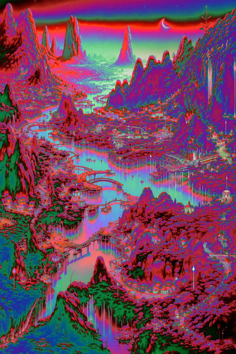 A vibrant, surreal landscape featuring a neon-pink and turquoise river valley dotted with arching bridges, small pagoda-like structures, and jagged mountains beneath a crescent moon, rendered in a hyper-saturated psychedelic style that pairs with the playful "Gm Strawberry lovers" NFT drop announcement.