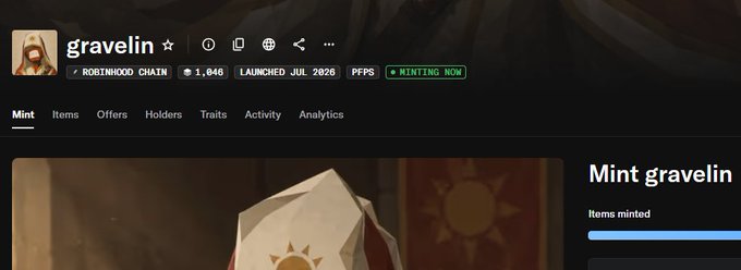 The image displays an NFT minting page for "gravelin" on Robinhood Chain, showing it's currently minting with 1,846 items, launched July 2026, and features a preview of the gravelin character. The page relates to the post by serving as a warning—the legitimate "gravelin" collection is currently live, while scammers are impersonating it, with official mint details to be announced tomorrow.