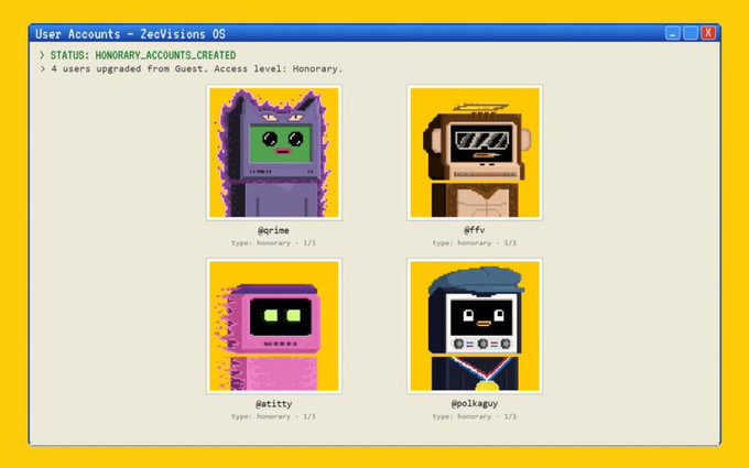 A retro computer interface displays four honorary user accounts (@prime, @ffv, @atitty, and @polkaguy) with pixel-art robot avatars in the "ZecVisions OS" system, indicating a giveway promotion for Zec wallet holders. The image connects to the post by showcasing the upgraded honorary members, likely to incentivize participation in the giveway.