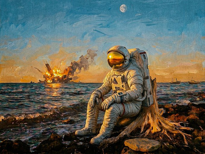 The image features a painting of an astronaut sitting on a rock by the ocean, with a ship nearby that appears to be ablaze. The artist has used oil paint for this piece, giving it a realistic feel. The painting captures the essence of space travel and exploration, as well as the dangers and challenges faced by those who venture into the unknown. The post includes an image of the astronaut in their space suit, which is relevant to the overall theme of the artwork.