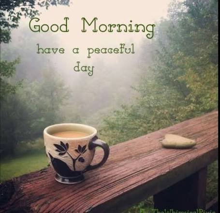 A 'Good Morning' greeting card showing a decorative coffee mug on a wooden railing overlooking a misty green landscape, with text reading 'Good Morning have a peaceful day'.