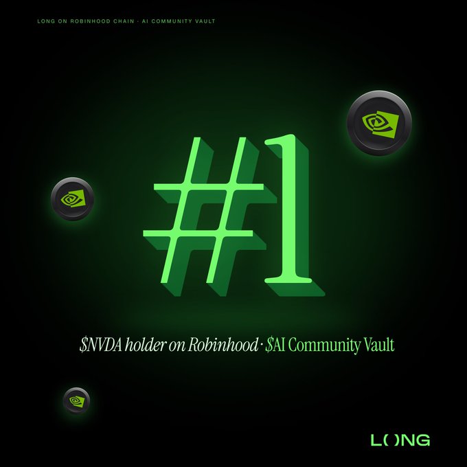 The image features a large green "#1" alongside NVIDIA logos and text reading "LONG ON ROBINHOOD CHAIN · AI COMMUNITY VAULT" and "$NVDA holder on Robinhood · $AI Community Vault," visually celebrating the AI Community Vault's top-ranked NVIDIA holding status on the Robinhood chain.