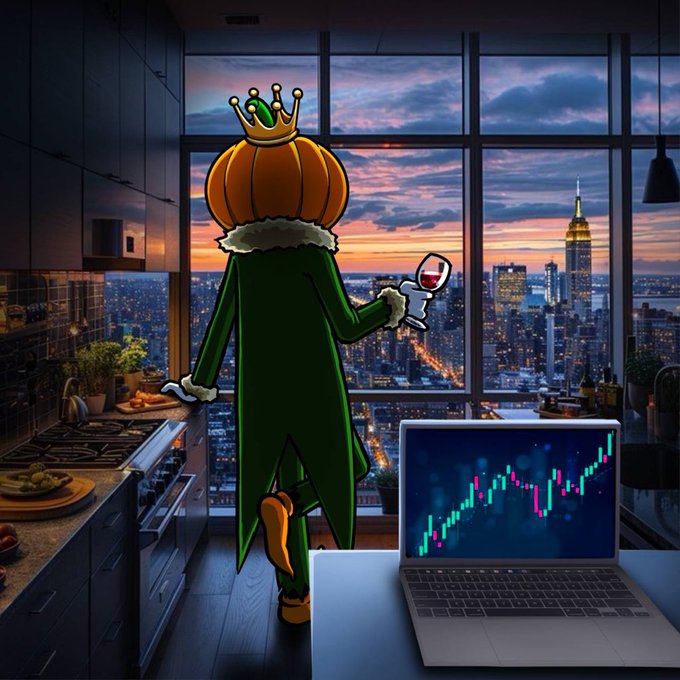 An AI-generated illustration of a green cloaked figure with a pumpkin head wearing a crown, holding a glass of wine while looking at a laptop displaying a stock chart, set in a modern apartment overlooking a city skyline at sunset.