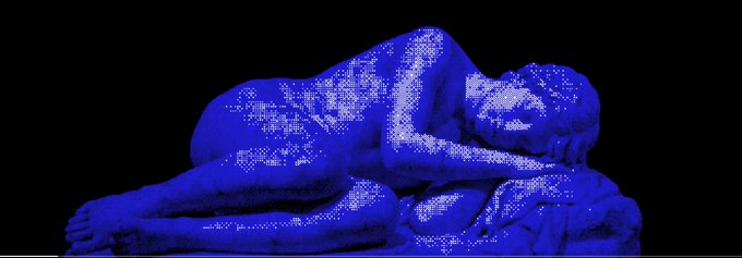 A pointillist-style artwork depicts two embracing human figures rendered entirely in shades of blue against a solid black background, appearing to be in an intimate pose.