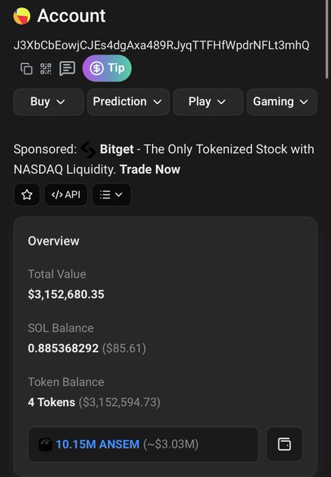 A cryptocurrency wallet account overview showing a total value of $3,152,680.35, SOL balance, token balance, and a sponsored ad for Bitget.