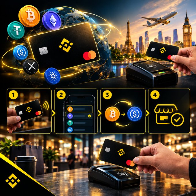 A promotional graphic for a cryptocurrency debit card service, showing a Binance card with logos of Bitcoin, Ethereum, Tether, XRP, Cardano, and other cryptos, alongside a 4-step process for using the card for payments in locations like Paris, London, and New York.