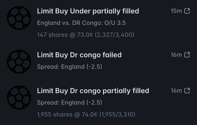 Trading app activity log showing partially filled and failed limit buy orders for 'England vs. DR Congo: O/U 3.5' and 'Spread: England (-2.5)', with share counts and prices in cents.