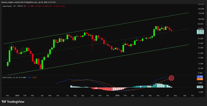 A TradingView weekly candlestick chart of Hyperliquid (CRYPTO:HYPE) on KuCoin, showing a price around $39.845 with a rising channel pattern, MACD indicator at the bottom, and dates from December 2023 to October 2026.