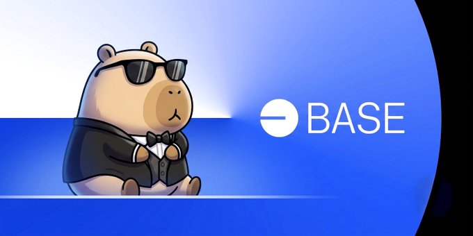 A cartoon bear wearing sunglasses and a tuxedo next to the Base (BASE) cryptocurrency logo on a blue background.