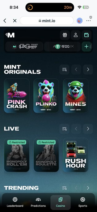 A mobile screenshot of mint.io shows casino games including 'PINK CRASH,' 'PLINKO,' 'MINES,' 'MONOPOLY ROLL'EM,' and 'RUSH HOUR,' with a balance of 75.20 and navigation tabs at the bottom.