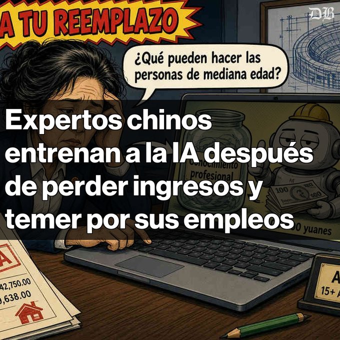 The image shows a comic-style illustration of a distressed middle-aged man at a laptop, with Spanish text overlays reading "A TU REEMPLAZO" and "¿Qué pueden hacer las personas de mediana edad?" alongside the main caption: "Expertos chinos entrenan a la IA después de perder ingresos y temer por sus empleos." The laptop screen displays a robot holding money and a jar labeled "Conocimiento profesional," visually reinforcing the post's theme about displaced professionals training AI for modest pay (100-500 yuan) at companies like Alibaba and ByteDance.