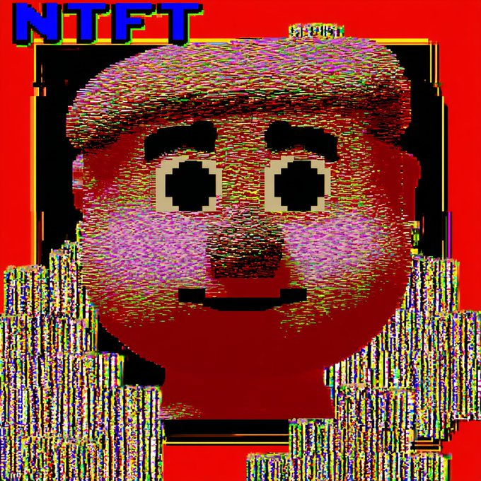 A pixelated, glitchy cartoon face with a red and pink color scheme, large eyes, and a smile, with the text 'NTFT' displayed in the upper left corner.