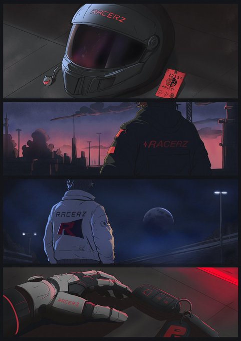 The image presents a cartoon depiction of three scenes depicting the life of Racerz, an avatar who is racing. In the first scene, a raccoon wearing a helmet with the word "Racerz" written across it stands near a city street at night. In the second scene, another raccoon in full gear wears a white jacket and holds a small red item. The third scene shows the same raccoon standing alone on top of a hill under a dark sky filled with clouds. 

These scenes are interconnected through various elements such as a motorcycle, a car, or even a robot hand holding a key. Each scene has its own focus and is part of the larger narrative that follows the development of Racerz's character. The image also features the names "Racerz" at the center of each scene, which highlights Racerz's role within this visual storytelling experience.