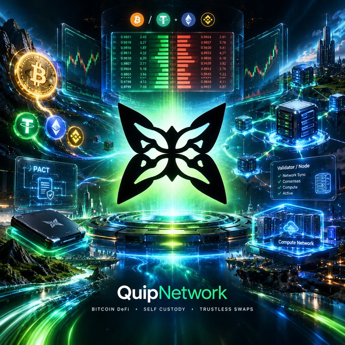 A promotional graphic for QuipNetwork featuring a glowing butterfly logo, cryptocurrency symbols (Bitcoin, Tether, Ethereum, Binance), market data displays, and text highlighting 'BITCOIN DeFi • SELF CUSTODY • TRUSTLESS SWAPS'.