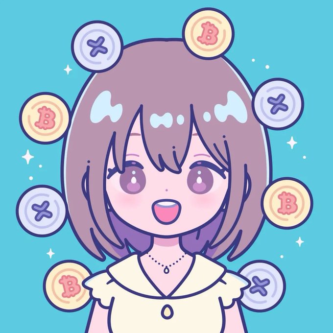 An anime-style illustration of a smiling girl with light purple hair, surrounded by floating Bitcoin and XRP coins on a teal background.