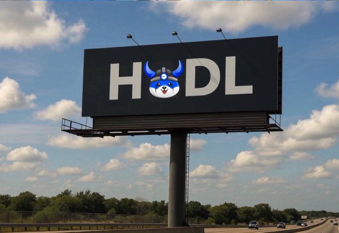 A billboard along a highway displaying 'HODL' with the 'O' replaced by a Viking mascot character wearing a horned helmet, against a sky with scattered clouds.