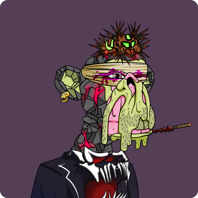 A surreal digital illustration of a grotesque, multi-eyed creature wearing a pink beanie, riding atop a dark, fanged monster against a purple background.