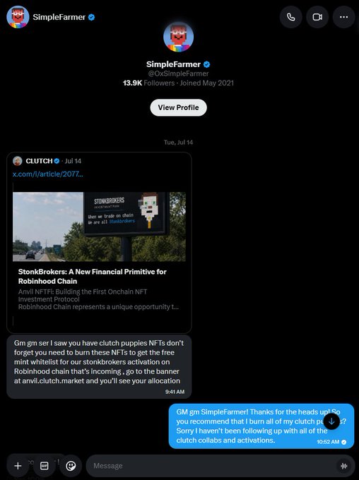 A Twitter/X direct message conversation with SimpleFarmer (@OxSimpleFarmer) sharing a Clutch article titled 'StonBrokers: A New Financial Primitive for Robinhood Chain' about Anvil NFTs, along with follow-up messages about Clutch puppies NFTs.