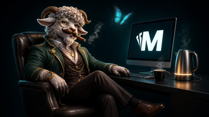 A digital illustration of an anthropomorphic sheep with curly horns and a mustache, dressed in formal attire, sitting at a desk with a computer monitor displaying a large white "M" logo.