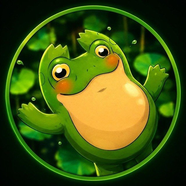 A cartoon green frog with rosy cheeks smiles cheerfully within a circular frame against a leafy background, accompanied by the text "t.me/CroakCTOfam" and the contract address "EQAm3umJUGayesjv6e4dX1T3dF9cfmdrIUny_94ng28JreZj," branding the adorable amphibian as the mascot for the CROAK cryptocurrency project.