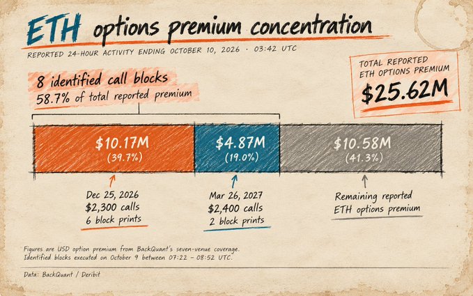 A handwritten-style data visualization showing 'ETH options premium concentration' as of October 10, 2026, with a total of $25.62M, breaking down call blocks of $10.17M (Dec 25, 2026) and $4.87M (Mar 26, 2027), with data from BackQuant/Deribit.
