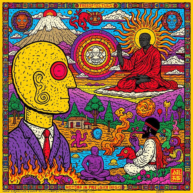 A vibrant, psychedelic illustration filled with surreal imagery including a large yellow head, a meditating figure in red robes with a sun halo, and various colorful creatures and landscapes, featuring the text 'TREEOPTICIUM' and 'HOTDOG IN PAGIS INIGIS'.