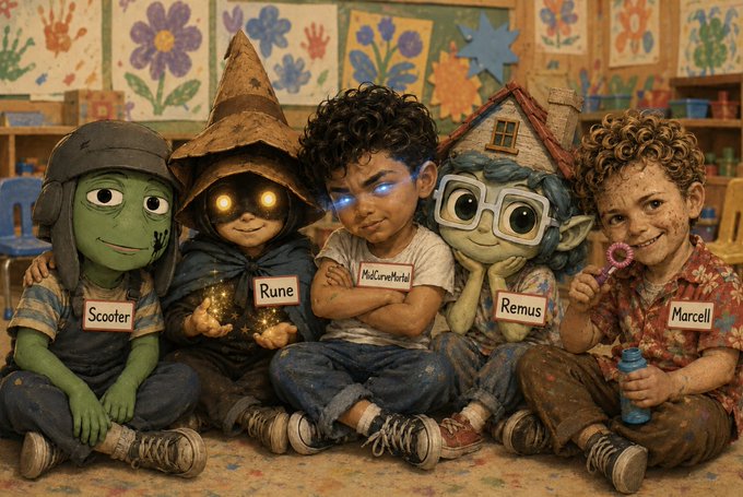 Five children dressed in elaborate costumes and makeup with name tags reading Scooter, Rune, HalloweenHello, Remus, and Marcell sit together in what appears to be a classroom setting.