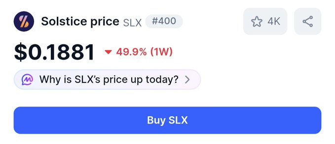 The image displays the Solstice price (SLX) at $0.1881, showing a 49.9% decline over the past week, which aligns with the post's observation of the token being down almost 50% weekly. The post expresses hope that SLX can maintain its current price level, with users preparing to claim tokens at 1pm UTC tomorrow.