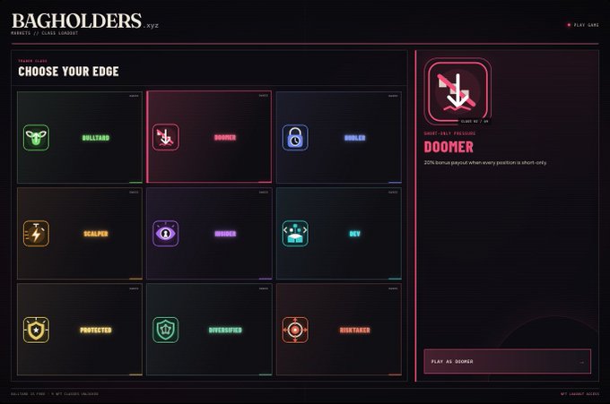 A screenshot from 'BAGHOLDERS.xyz' web3 game showing a 'CHOOSE YOUR EDGE' character selection screen with options like BULLHEAD, DOOMER, SHIELD, SCALPER, SHOWER, and BOT, with DOOMER selected.