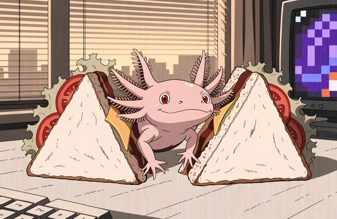 A cartoon illustration of a pink axolotl sitting at a desk between two triangular sandwiches, with a pixel-art monitor displaying purple Tetris-like blocks in the background.
