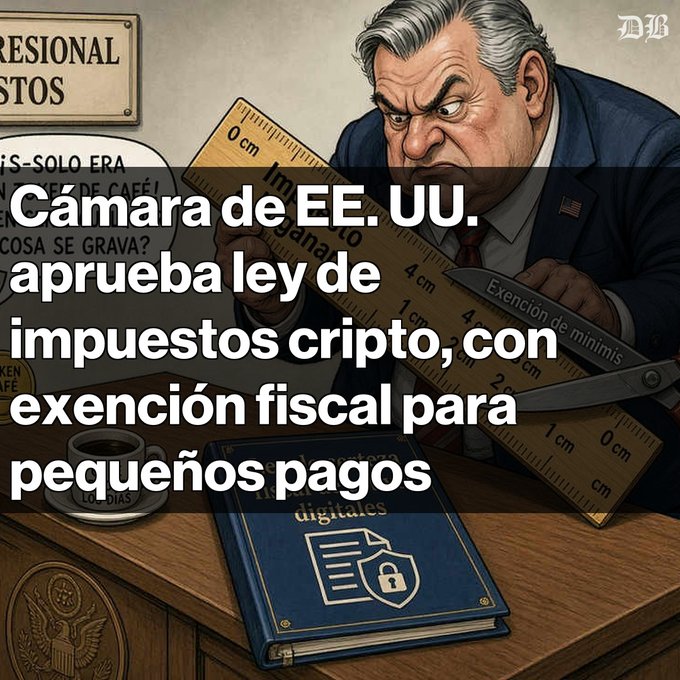 An illustration shows a stern gray-haired man measuring something with a large wooden ruler, overlaid with Spanish text: 'Cámara de EE. UU. aprueba ley de impuestos cripto, con exención fiscal para pequeños pagos'.