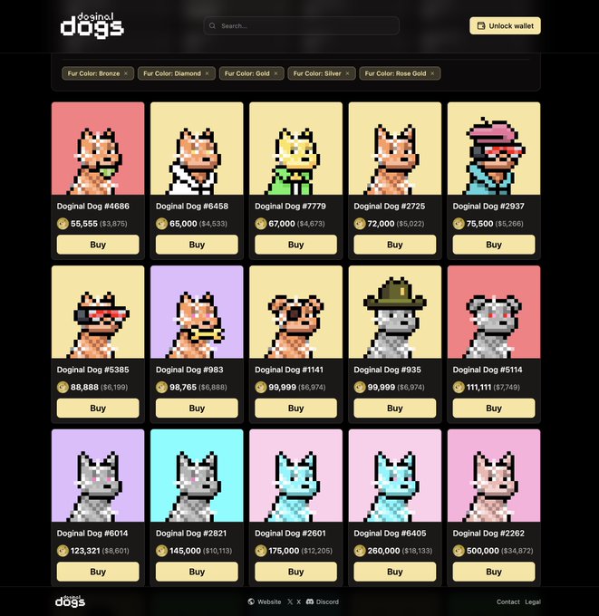 A screenshot of the "doginal dogs" NFT marketplace showing a grid of pixel art dog collectibles with prices ranging from 55,555 to 500,000, each with a "Buy" button.