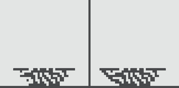 Pixelated graphic showing two symmetrical bowl-shaped objects with jagged patterns hanging on either side of a central vertical line.