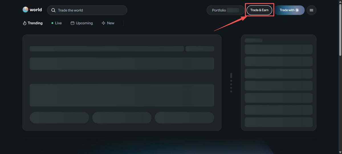 A dark-themed user interface mockup for a platform called 'world' features a search bar and navigation tabs like 'Trending', 'Live', 'Upcoming', and 'New', with a red arrow pointing to a 'Trade & Earn' button.